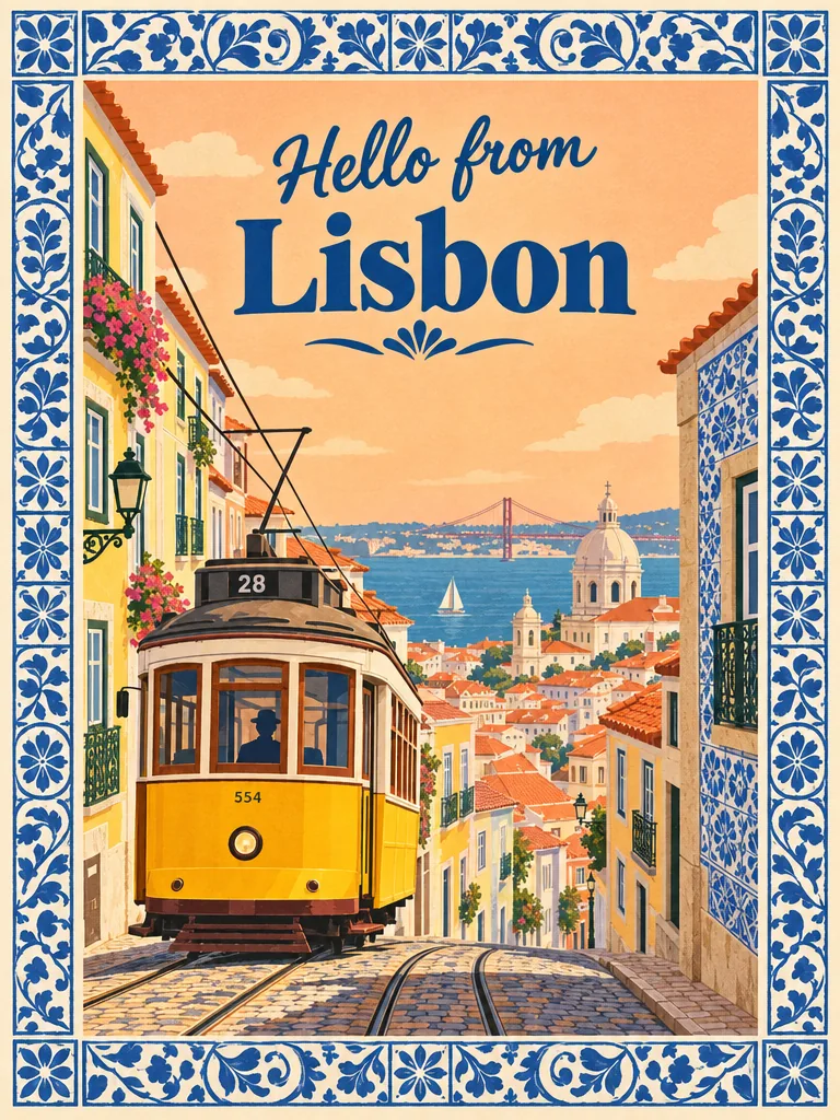 Travel postcard with a yellow tram, blue tile-pattern edges and the greeting Hello from Lisbon