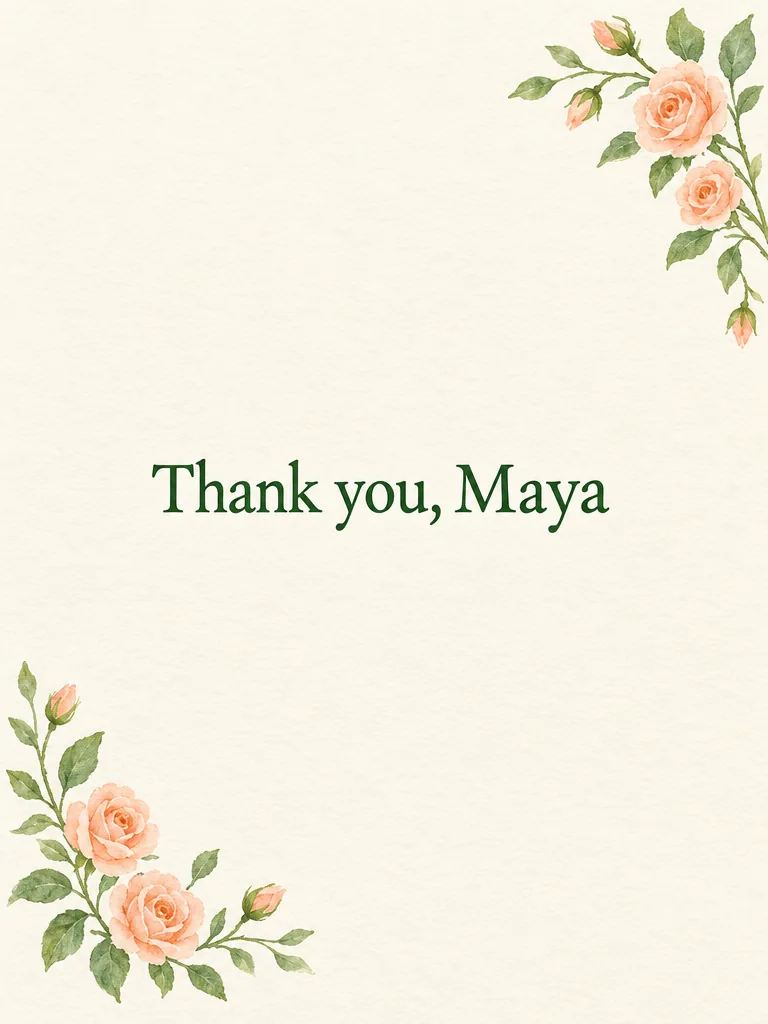 Ivory thank-you card with peach watercolor roses, green leaves and dark green lettering reading Thank you, Maya
