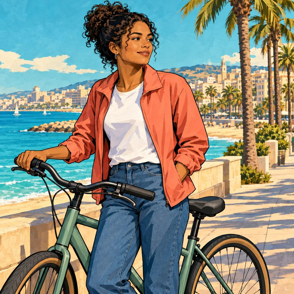 Un ciclista adulto e originale con una semplice camicia bianca e una giacca color corallo, accanto a una bicicletta senza marchio su un luminoso lungomare, con mare turchese ed edifici color sabbia; ritratto urbano illustrato ispirato a GTA, con contorni spessi, campiture di colore da manifesto e strade assolate