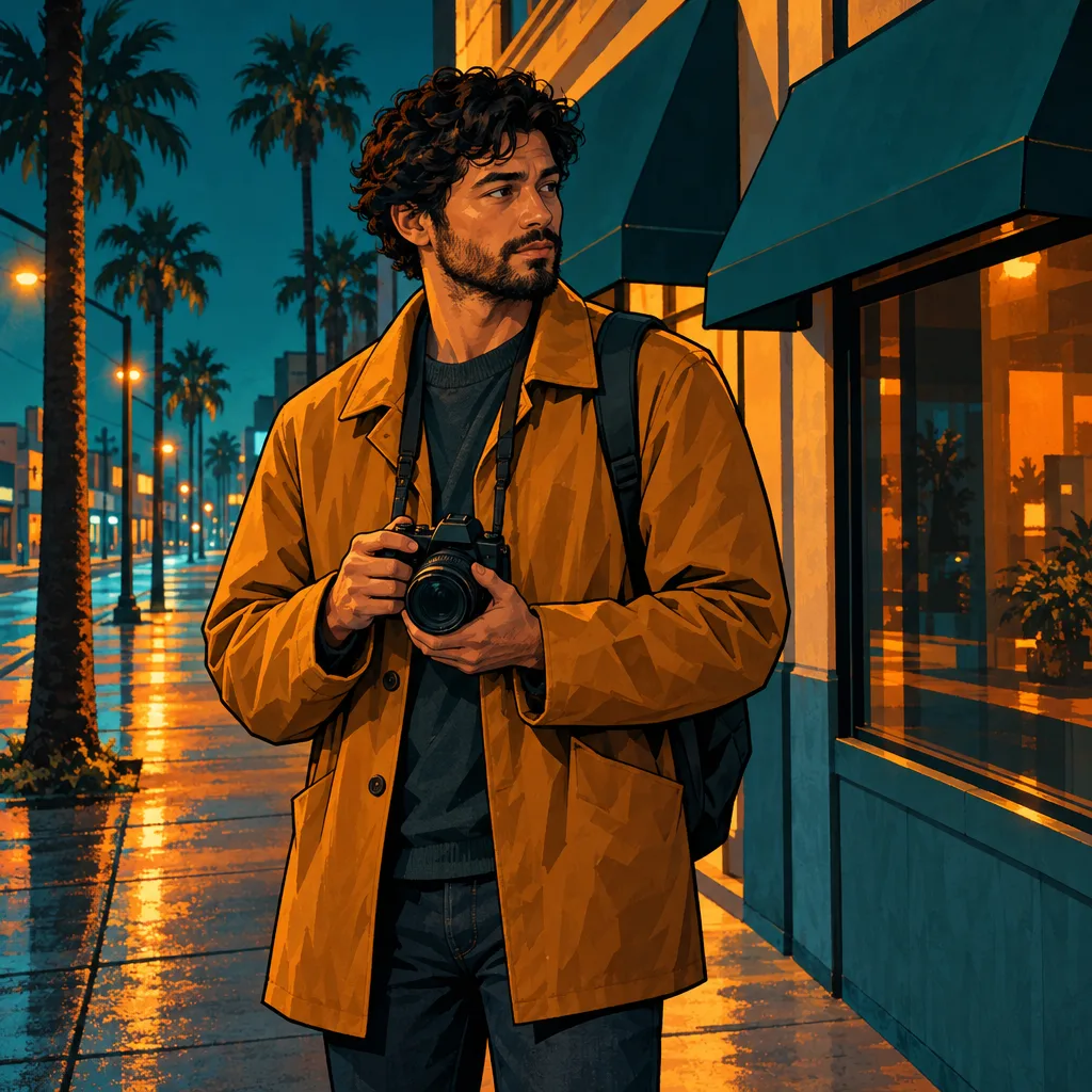 Un fotografo di strada adulto e originale, con un cappotto color ambra a tinta unita, tiene una macchina fotografica davanti a un negozio tranquillo con tende semplici, sotto luci notturne verde petrolio e arancioni