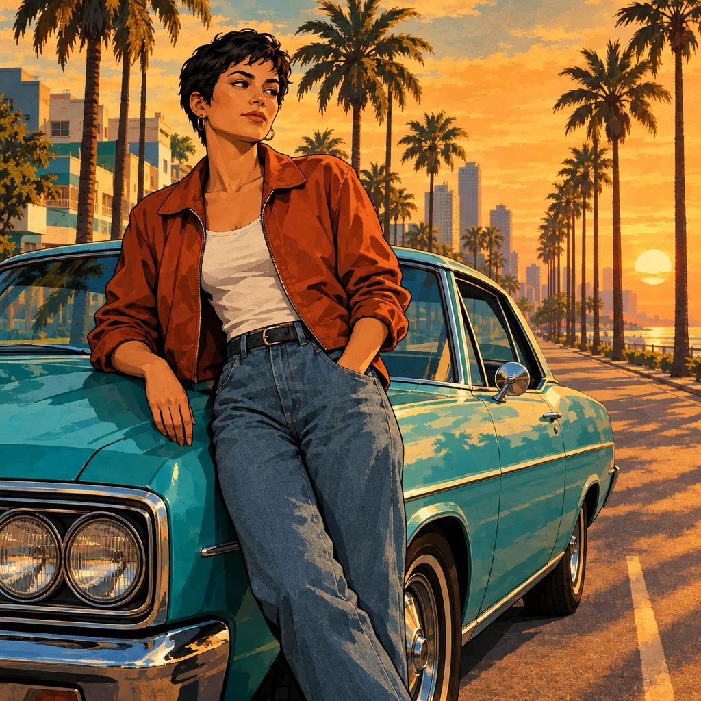 Una donna adulta e originale con capelli scuri molto corti e una giacca color ruggine, accanto a una semplice auto d'epoca turchese senza marchio su un viale immaginario fiancheggiato da palme, al caldo tramonto; ritratto urbano illustrato ispirato a GTA, con contorni spessi, campiture di colore da manifesto e strade assolate
