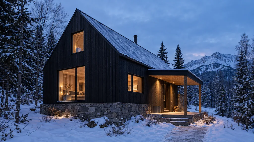 Hausdesign-Konzept einer Alpenhütte aus dunklem Holz mit steilem Dach, Steinsockel und warmem Licht in den Fenstern