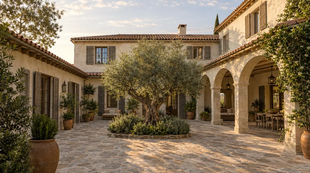 Hausdesign-Konzept einer hellen mediterranen Villa mit Terrakottadächern, schattigen Bögen und einem Innenhof mit Olivenbäumen