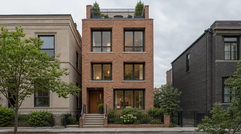 Hausdesign-Konzept eines schmalen, dreigeschossigen Backsteinstadthauses mit tiefen Fensterlaibungen und einer bepflanzten Eingangstreppe