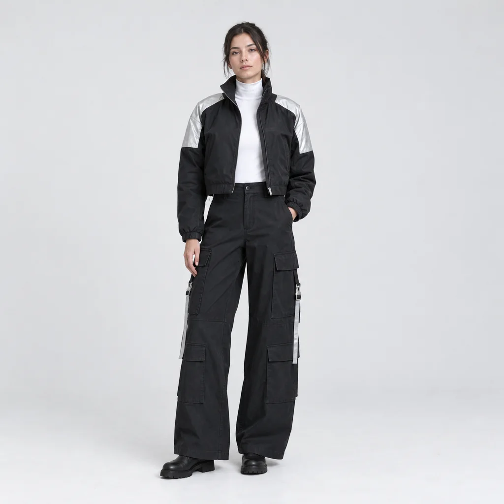 A woman in a short boxy black performance jacket with silver shoulder panels, opaque white high-neck top, black wide-leg cargo trousers with visible patch pockets and silver side straps, and plain black boots, pale studio