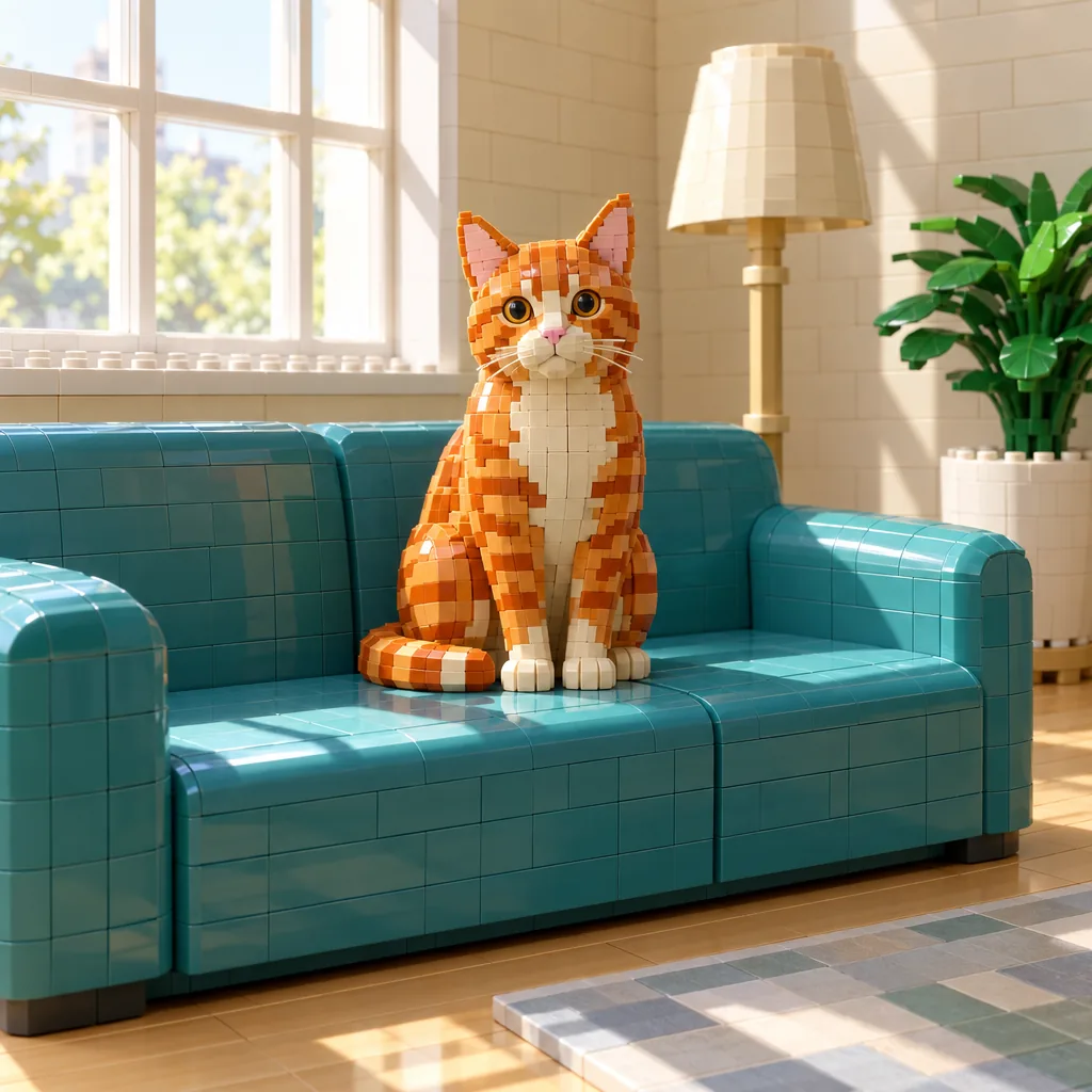 A ginger tabby cat built from toy bricks sits on a teal brick sofa in a sunlit brick living room.