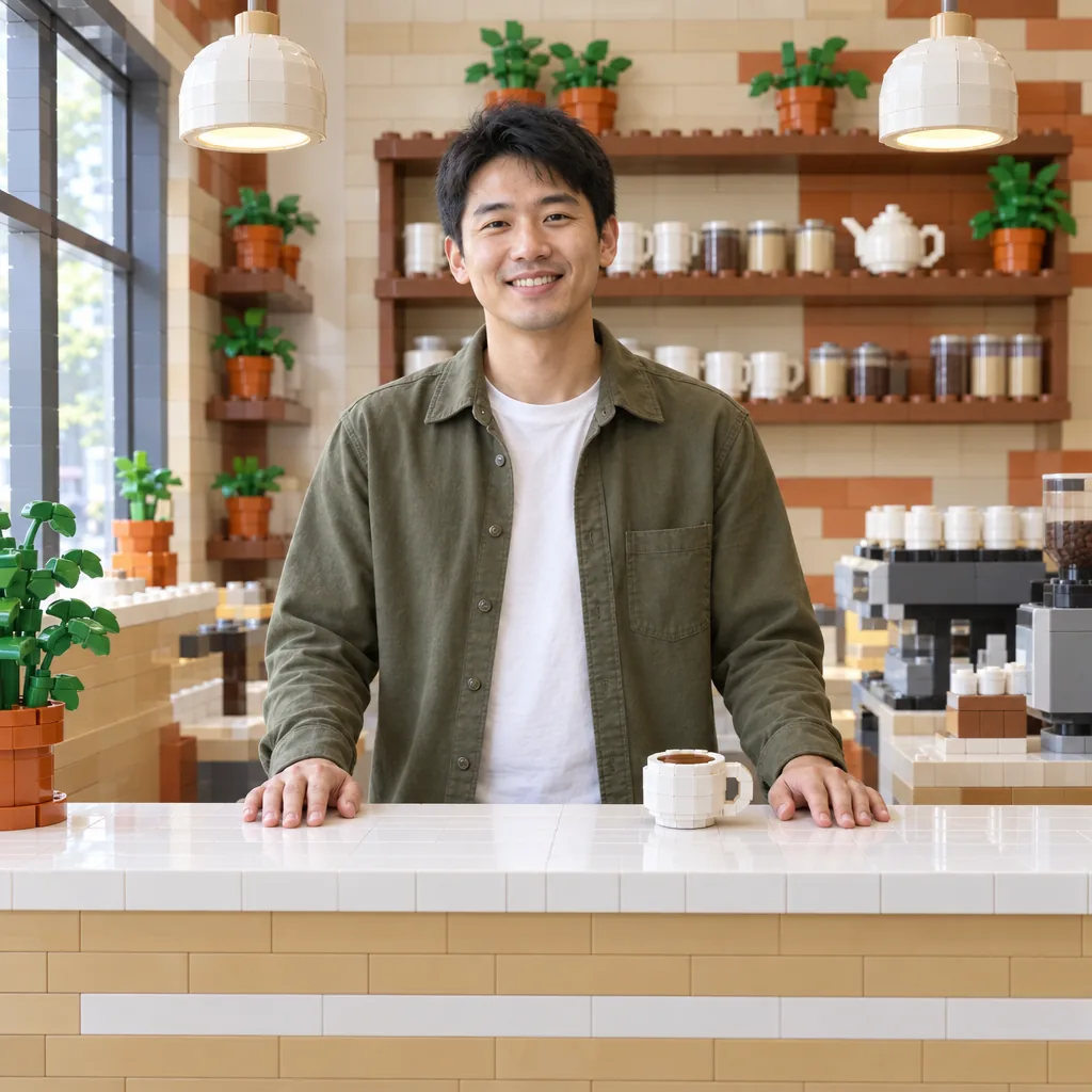 A smiling man rests his hands on a toy-brick café counter beside a brick-built coffee cup, with brick shelves and plants behind.