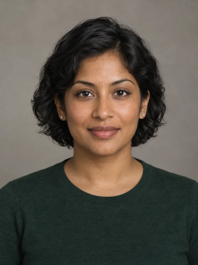 Fictional adult woman in her thirties with warm medium-brown skin, short wavy black hair and small plain silver stud earrings, wearing a dark green crew-neck top, front-facing relaxed expression, softly lit warm-grey studio with a gentle fuller-lip appearance