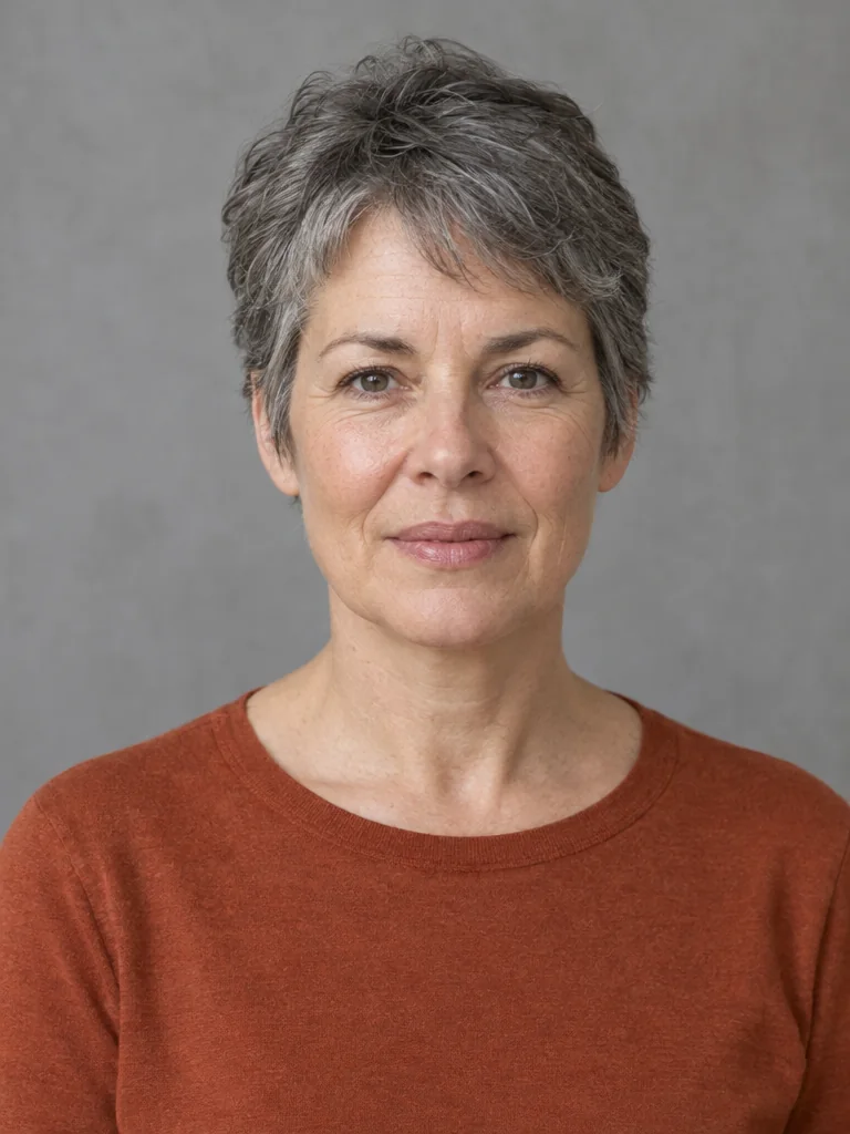 Fictional adult woman in her fifties with light skin, short salt-and-pepper hair and visible natural smile lines, wearing a rust-coloured crew-neck top, frontal neutral expression, soft diffuse daylight and a muted grey backdrop with a gentle fuller-lip appearance