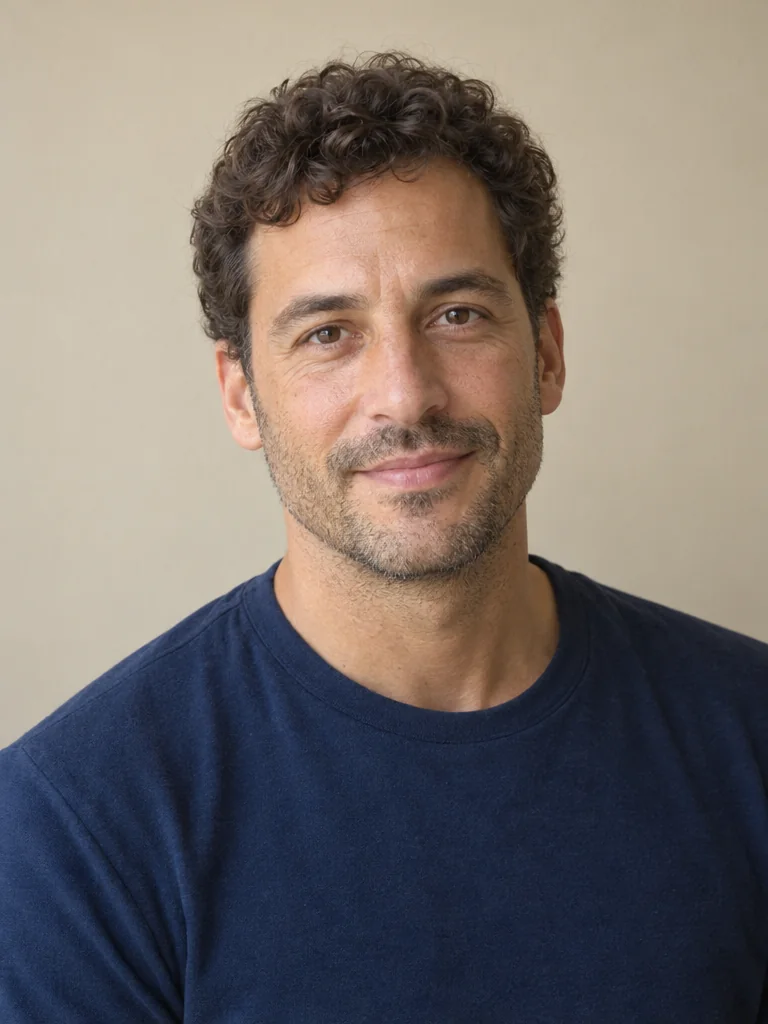 Fictional adult man in his forties with medium olive skin, short curly brown hair and light stubble, wearing a navy crew-neck shirt, relaxed gently closed smile, soft window light and a plain beige wall with a gentle fuller-lip appearance