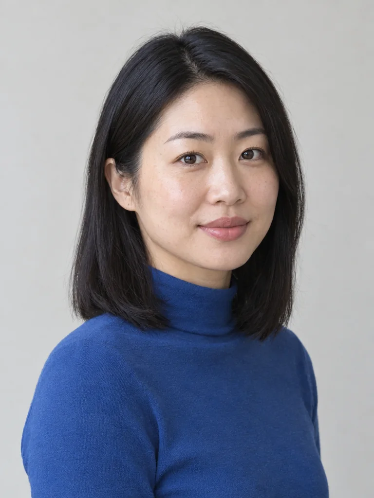 Fictional adult East Asian woman in her thirties with straight shoulder-length black hair, wearing a plain blue high-neck top, gentle three-quarter view with both lips fully readable, pale neutral background and soft even light with a gentle fuller-lip appearance