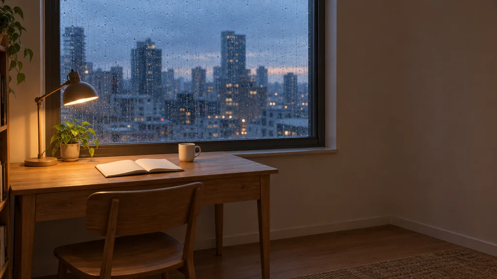 Foto eines Holzschreibtischs mit Lampe, Pflanze, offenem Buch und Tasse an einem regennassen Fenster mit Blick auf die Stadt in der Dämmerung