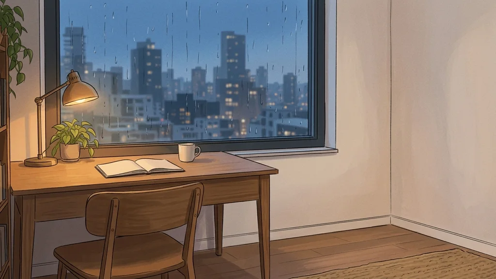 Illustrierter Holzschreibtisch und warme Lampe neben einem großen Fenster mit Blick auf eine blaue Abendstadt