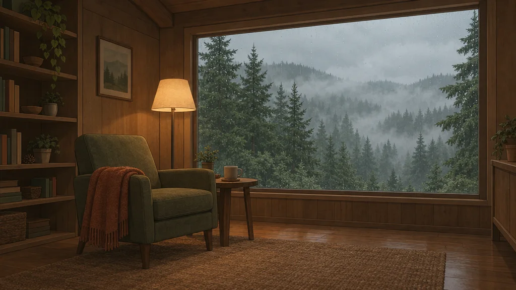 Lo-Fi-Hüttenillustration mit einem grünen Sessel, einer rostfarbenen Decke, einer Lampe und Tannenbäumen hinter dem Fenster