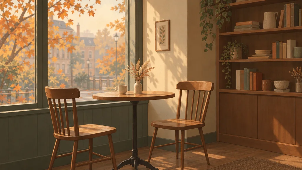 Gedämpfte Illustration eines Cafétisches, zweier Stühle, einer Tasse, eines Bücherregals und orangefarbener Blätter draußen