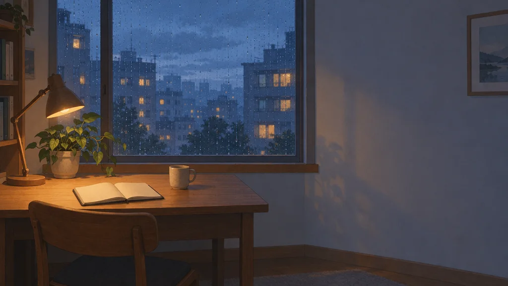Lo-Fi-Illustration eines Holzschreibtischs mit Büchern und einer warmen Lampe neben einem blauen, regengespritzten Fenster