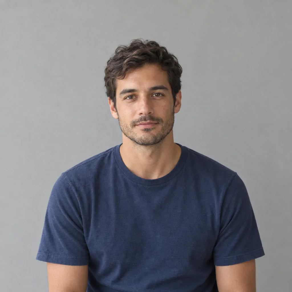 Short-haired man in a navy T-shirt before the long hair filter