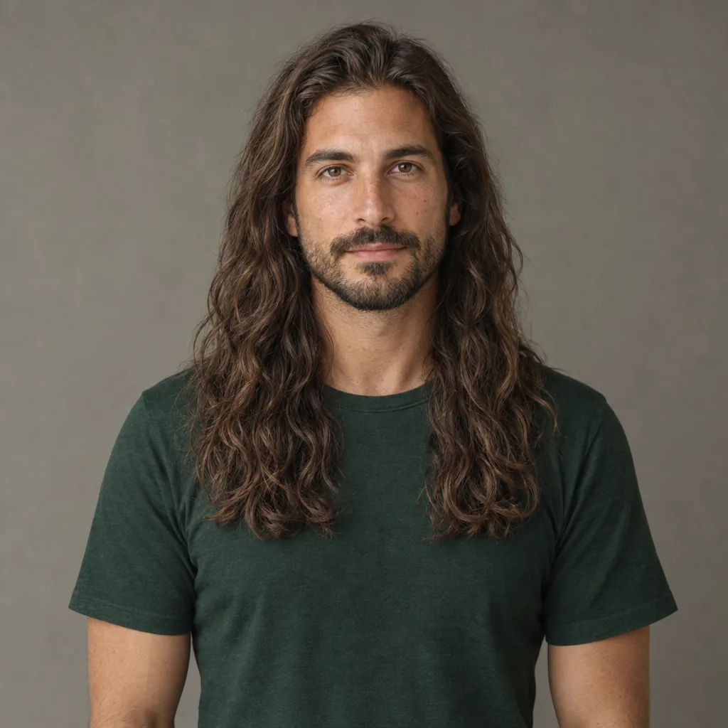 Bärtiger Mann mit brustlangen braunen Wellen und dunkelgrünem T-Shirt