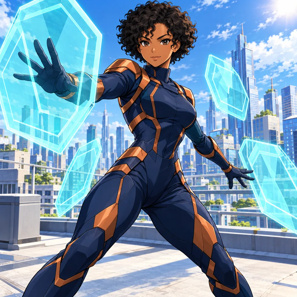 Eine frei erfundene erwachsene Heldin mit kurzen Locken in einem marineblauen und kupferfarbenen Schutzanzug, der den Körper vollständig bedeckt, schwebende cyanfarbene geometrische Schilde auf einem hellen Dach; von My Hero Academia inspiriertes farbenfrohes Anime-Heldenporträt mit kräftigen, klar abgegrenzten Schattenflächen und eigenen Superkrafteffekten
