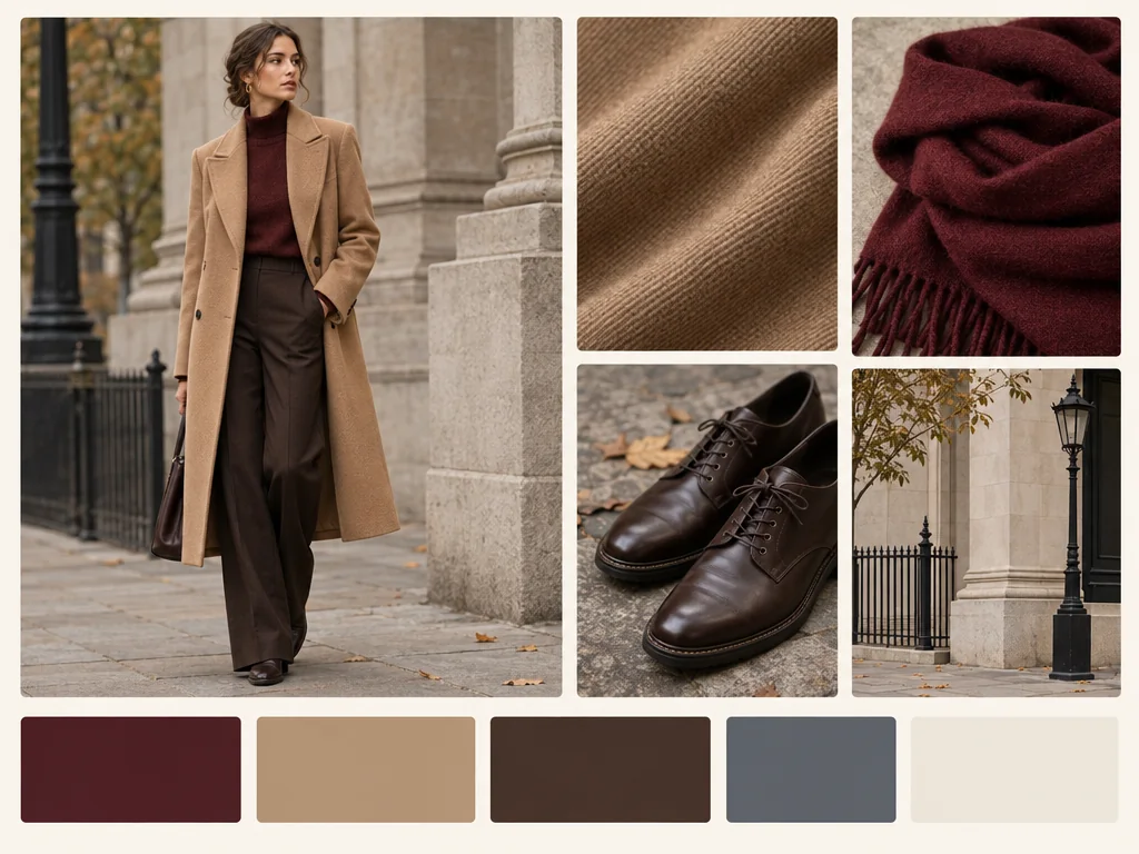 Moodboard con abrigo camel, acentos burdeos, tejidos y colores otoñales