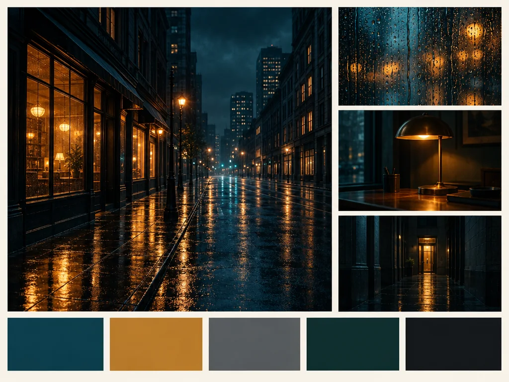 Moodboard de calle lluviosa, luces cálidas, reflejos y paleta azul y ámbar