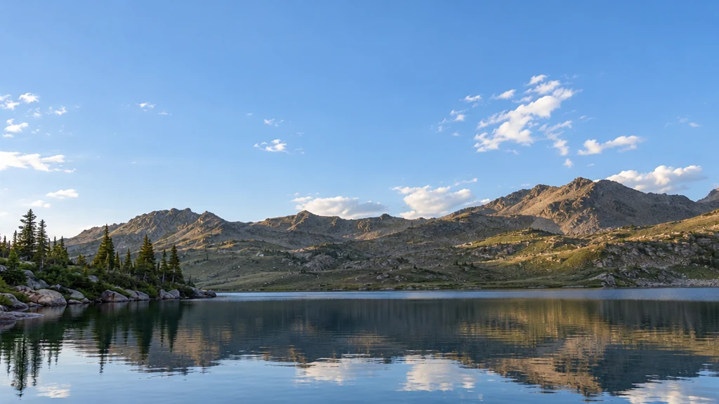 Daylight photo of a mountain lake with pine trees and reflected peaks