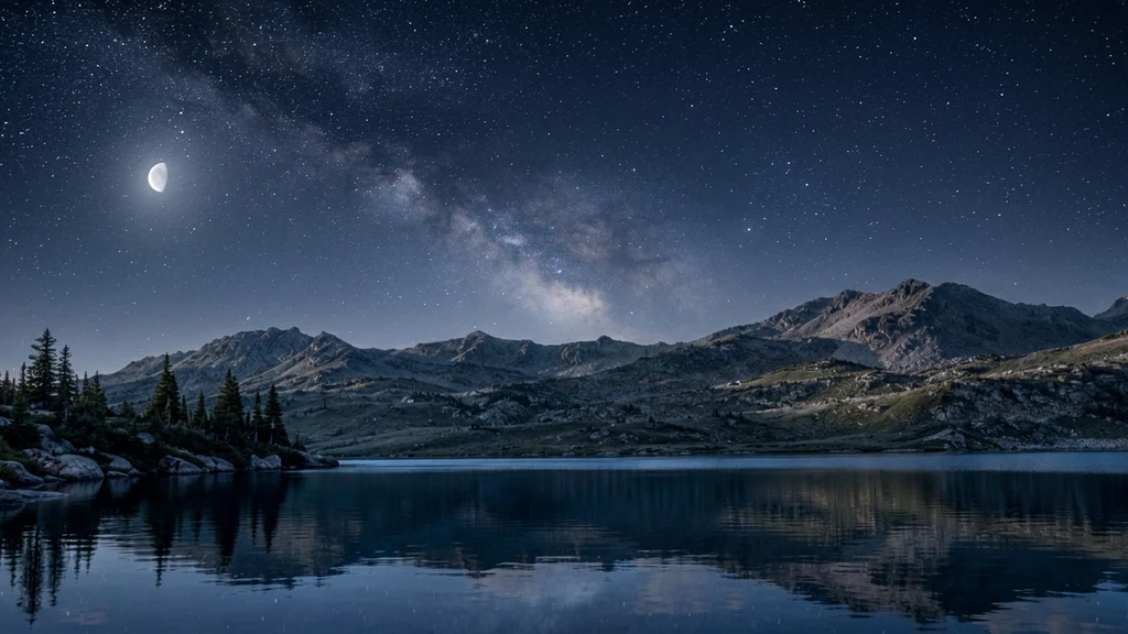 Night sky background over the same mountain lake, with stars and dark reflections