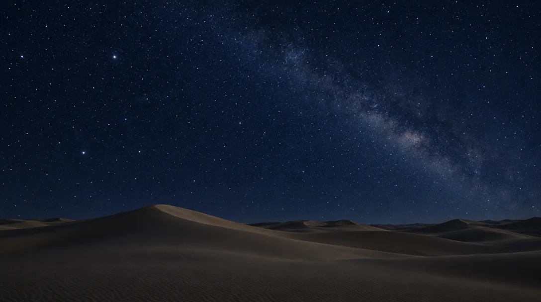 Fine stars and faint galactic haze above dark rolling desert dunes