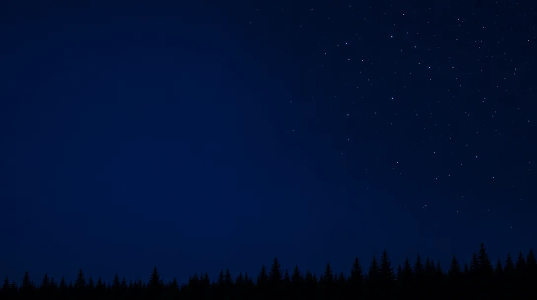 Minimal deep navy night sky with a sparse star field and a low forest horizon