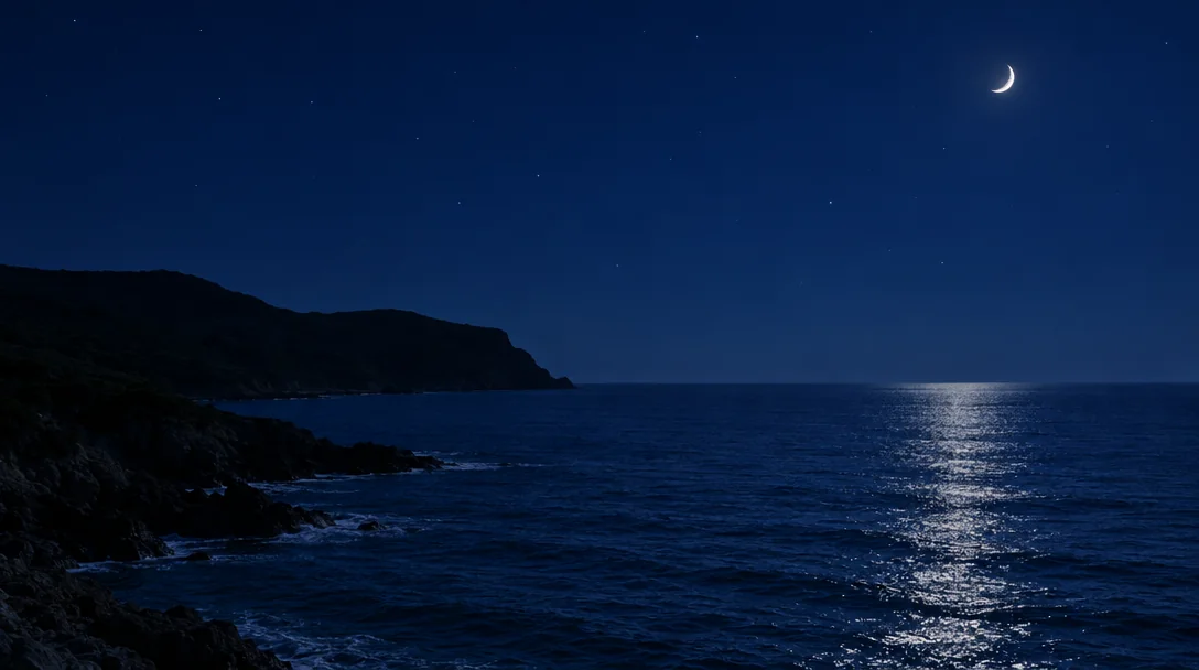 Small crescent moon above an empty coastline with blue moonlit water and a sparse star field