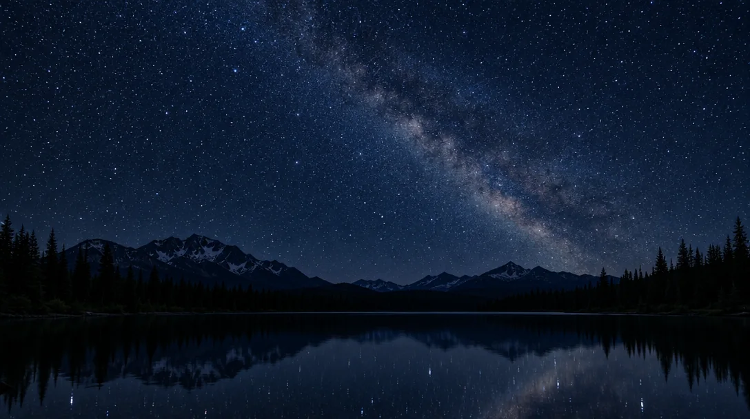 Night sky background with a delicate galactic band over a dark mountain lake and pine silhouettes