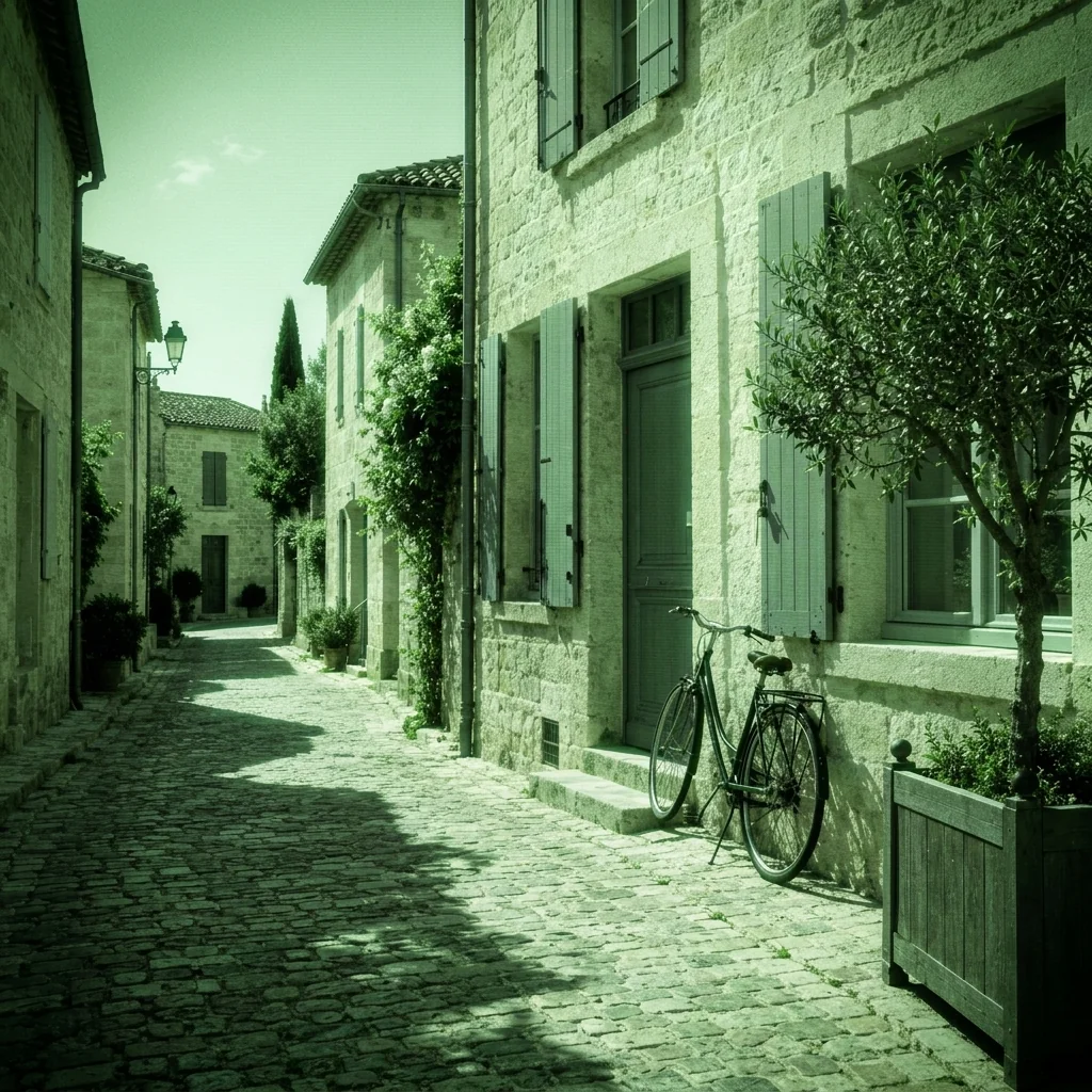 A stone street with a bicycle and tree rendered in green monochrome with grain and darkened corners.