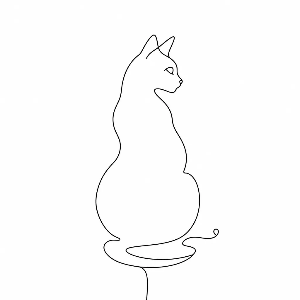 Continuous line drawing of a cat seen from behind, looking back over its shoulder, tail curled around its body, black on white
