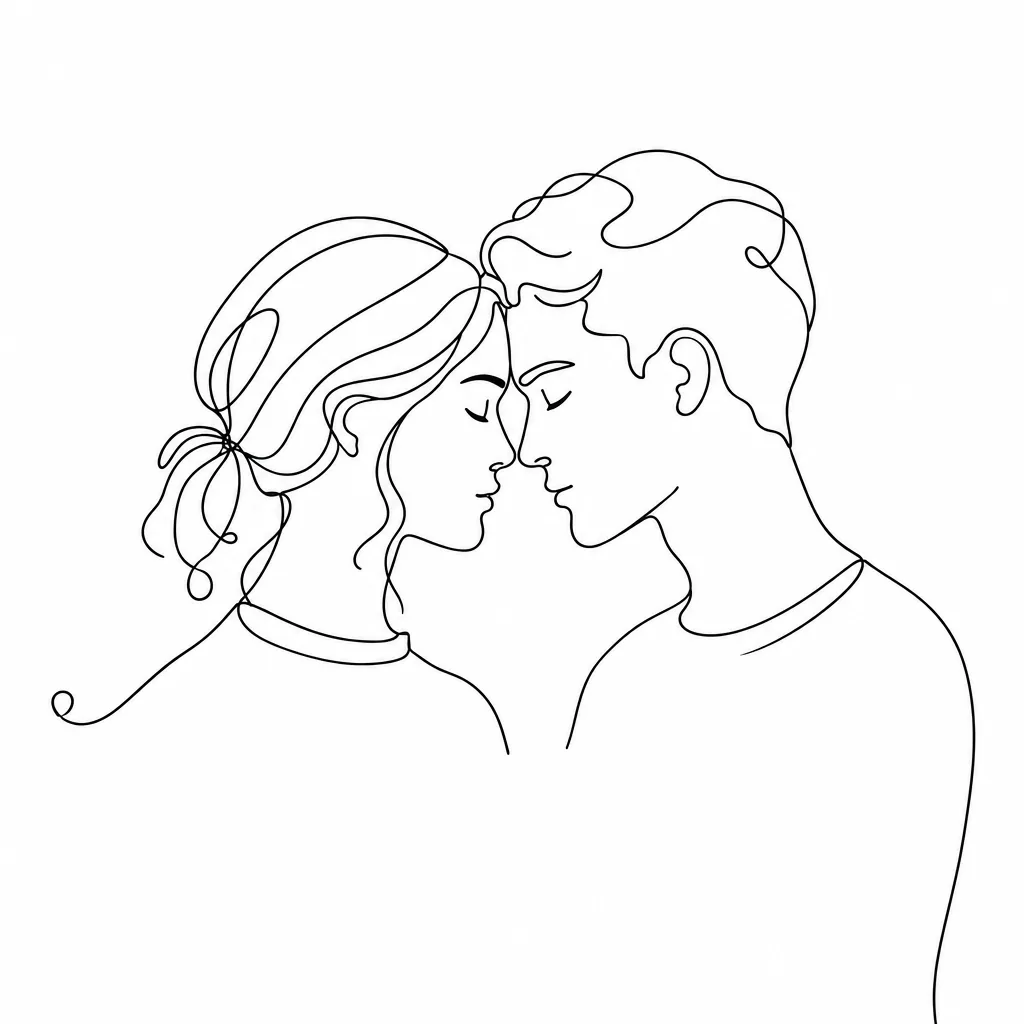One line drawing of a couple from the shoulders up, touching foreheads with eyes closed, in crew-neck tops, black on white