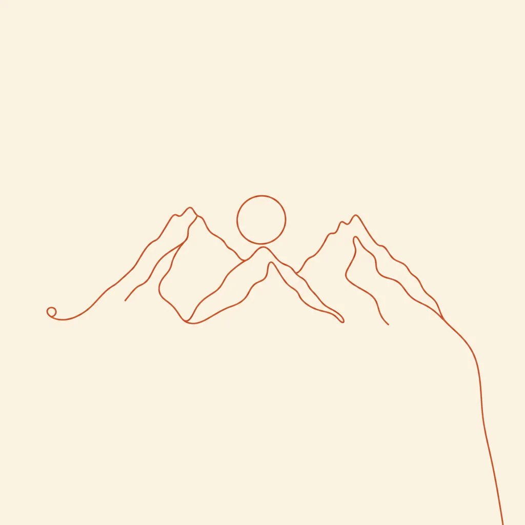 Minimalist line drawing of three mountain peaks with a small sun low between them, in a terracotta line on cream