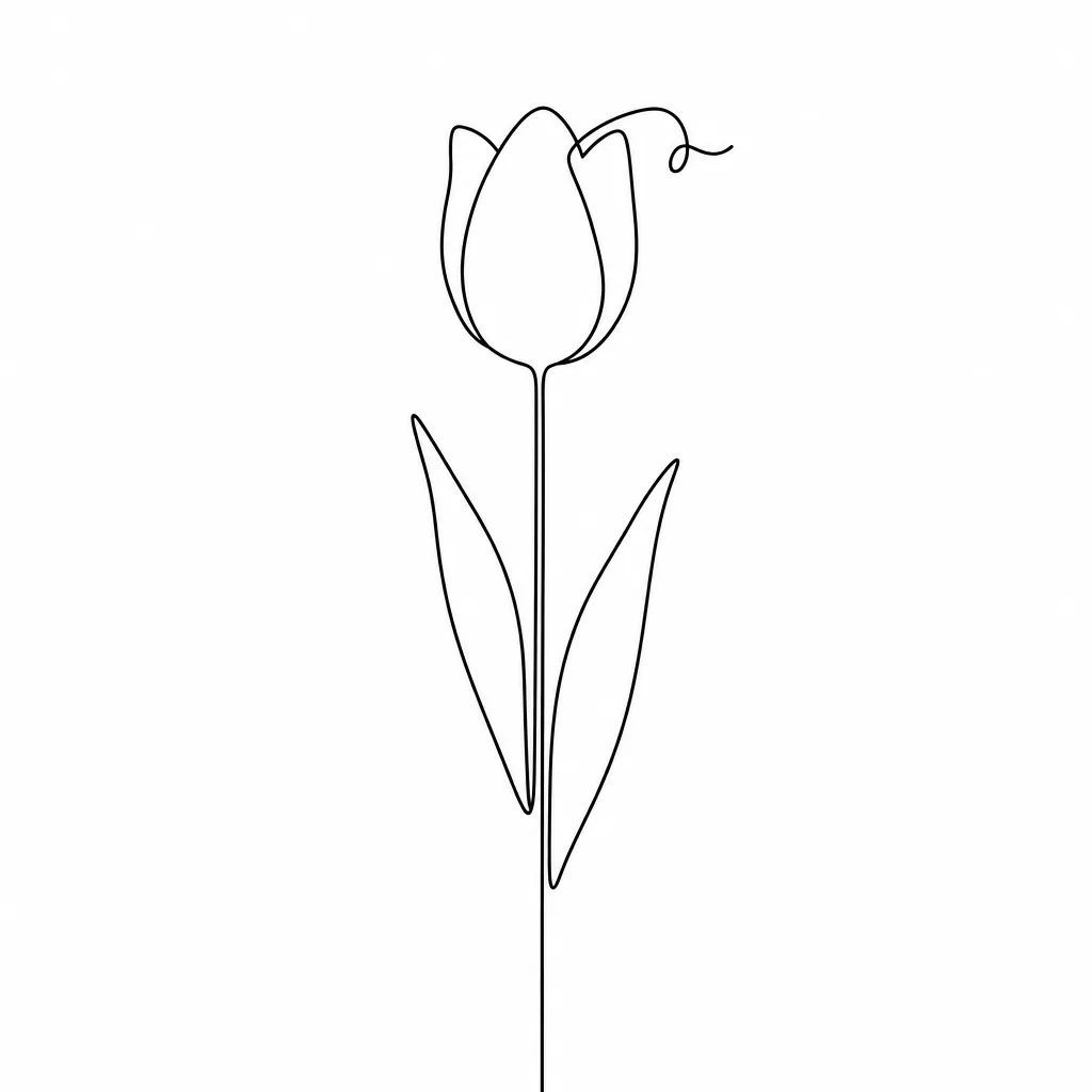 One line drawing of a closed tulip on a long straight stem with two pointed leaves, in black on white