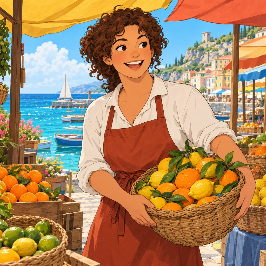 An original adult cook with curly brown hair in a plain white shirt and rust apron holding a basket of citrus at a colorful seaside market with blank awnings, One Piece-inspired seafaring anime portrait with expressive ink lines, bright tropical color and original adventurer outfits