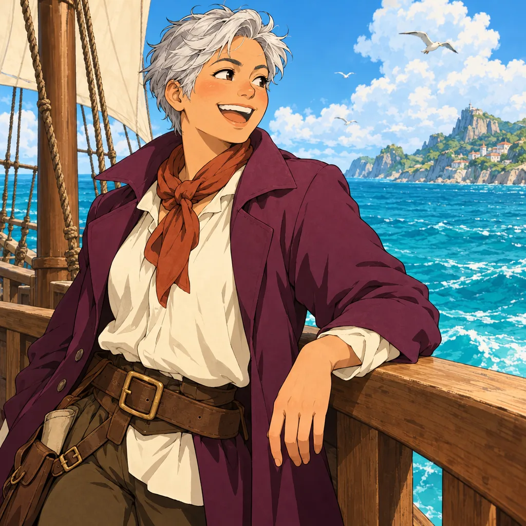 An original adult with short silver hair wearing a plum coat and full ivory shirt by the plain wooden rail of an invented sailing ship, bold warm cel colors, One Piece-inspired seafaring anime portrait with expressive ink lines, bright tropical color and original adventurer outfits