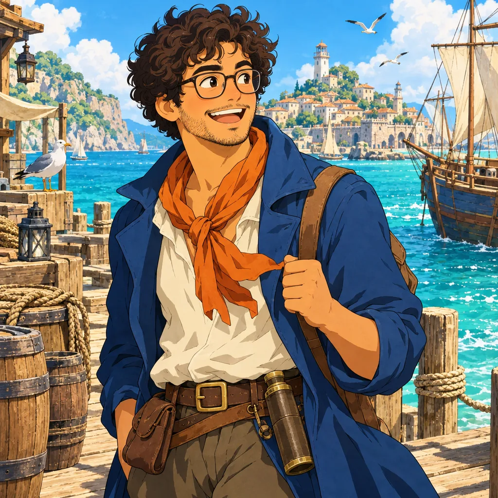 An original adult adventurer with curly hair and glasses in a blue coat over a cream shirt and orange scarf at a sunny wooden harbor, turquoise sea, One Piece-inspired seafaring anime portrait with expressive ink lines, bright tropical color and original adventurer outfits