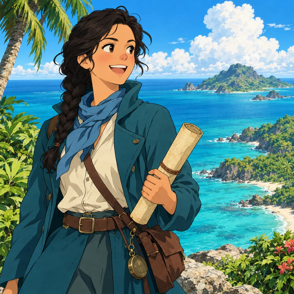 An original adult navigator with dark braid in a fully covered teal nautical coat holding a plain rolled map on a tropical island, bright clouds and blue ocean, One Piece-inspired seafaring anime portrait with expressive ink lines, bright tropical color and original adventurer outfits
