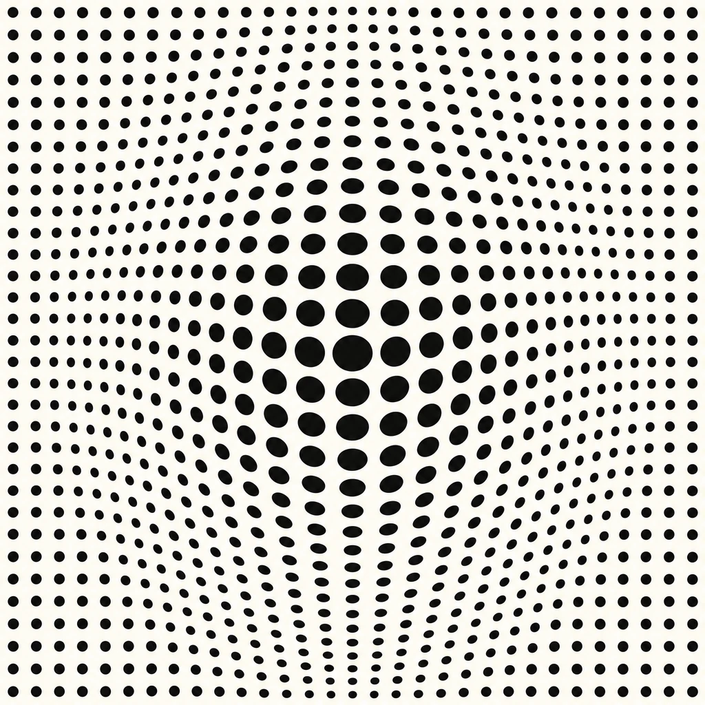 Motif Op Art de cellules circulaires noires et blanches dont la taille augmente vers le centre pour évoquer une surface bombée