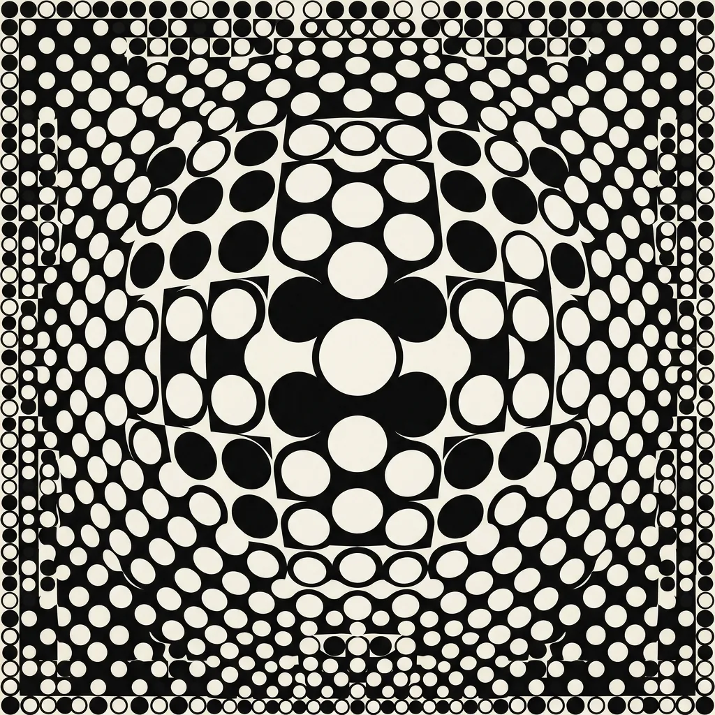 Op Art pattern of black and white circular cells that increase in size toward the center to suggest a swelling surface