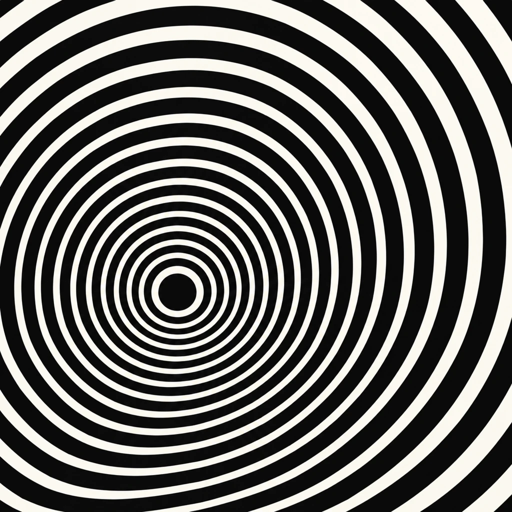 Anneaux Op Art noirs et d’un blanc chaud imbriqués autour d’un point décentré, avec de larges arcs extérieurs qui dépassent du carré