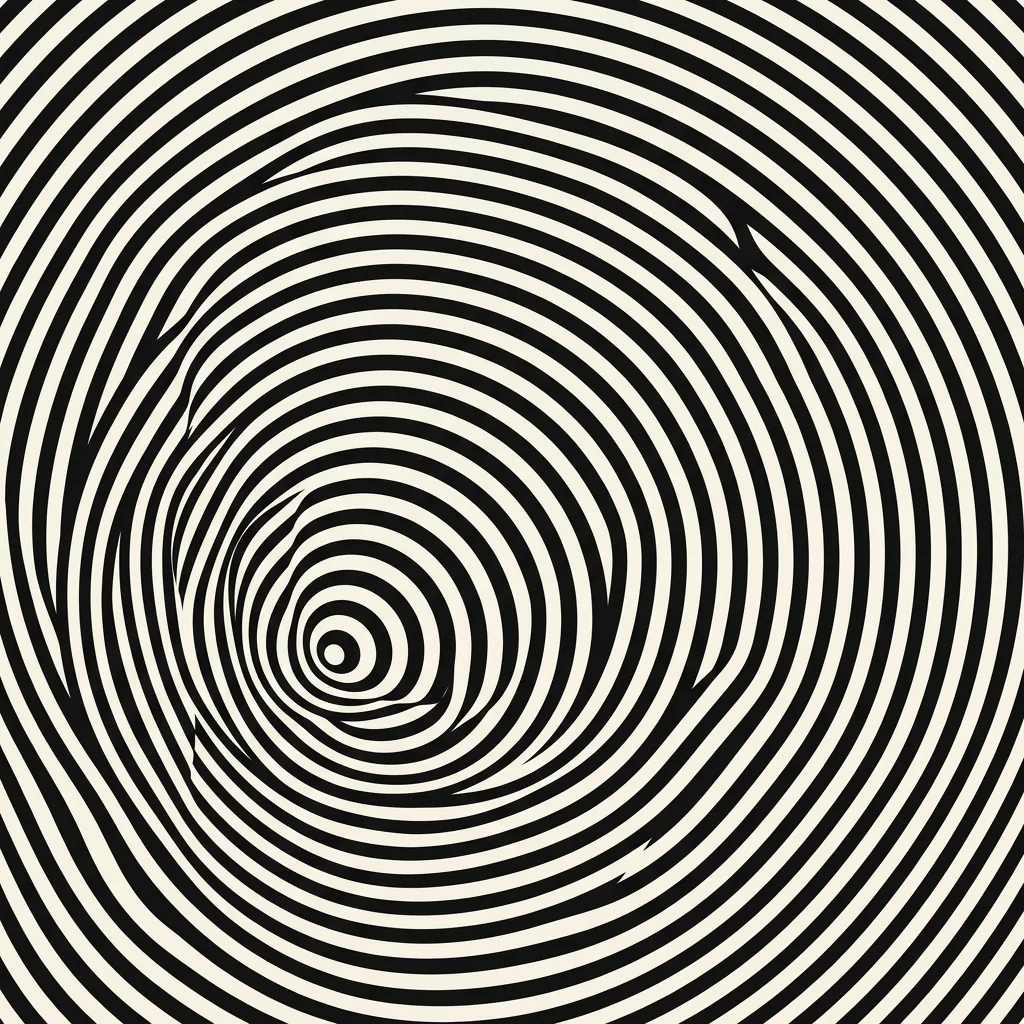 Black and white Op Art spiral with closely repeated bands curving around an off-center point