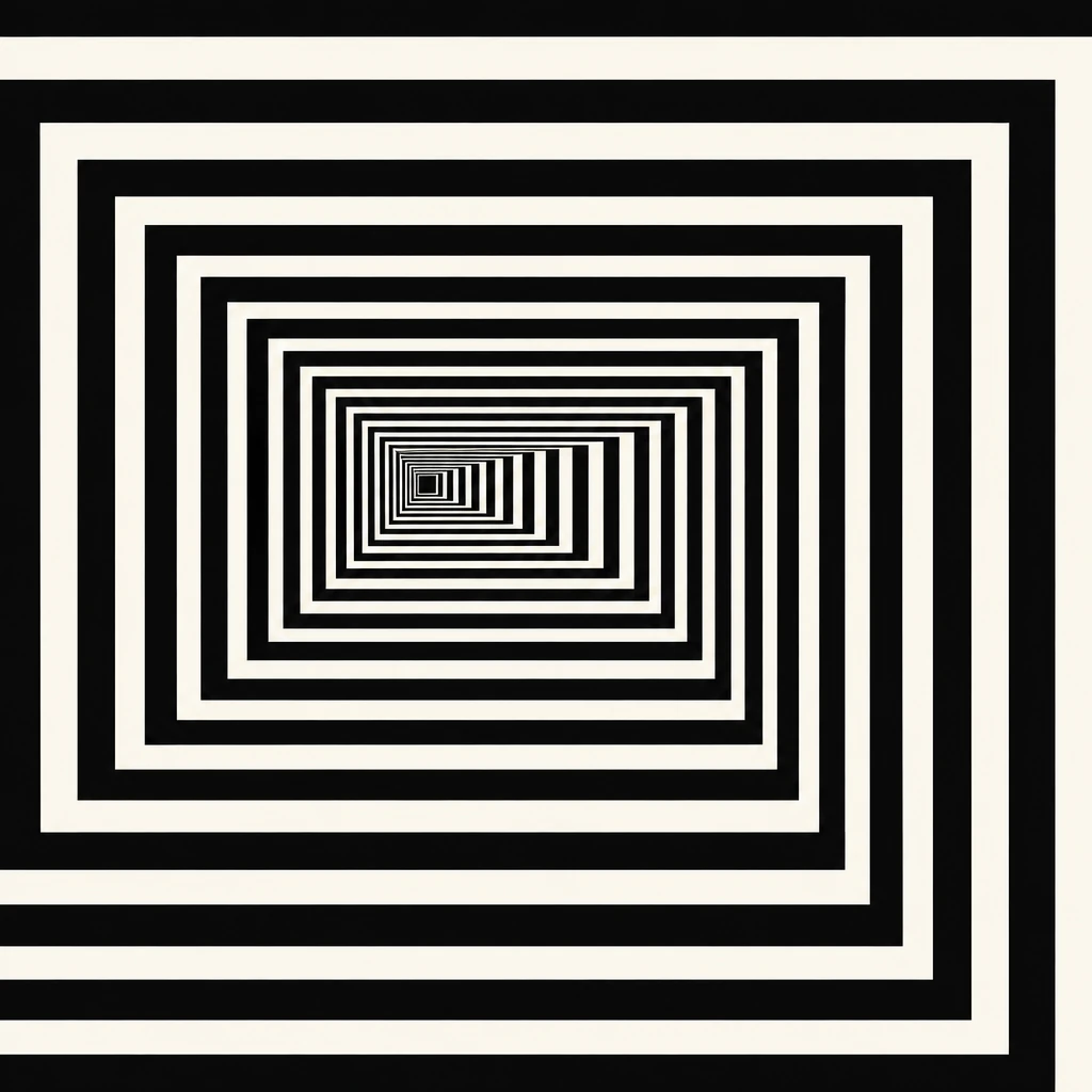 Tunnel Op Art noir et blanc formé de bandes anguleuses imbriquées qui s’enfoncent vers un point décentré