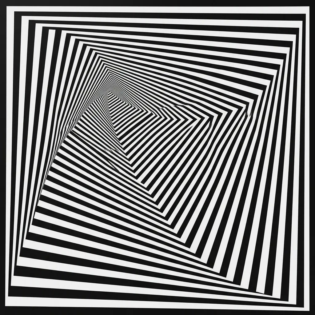 Black and white Op Art tunnel formed by nested angular bands receding toward an off-center point