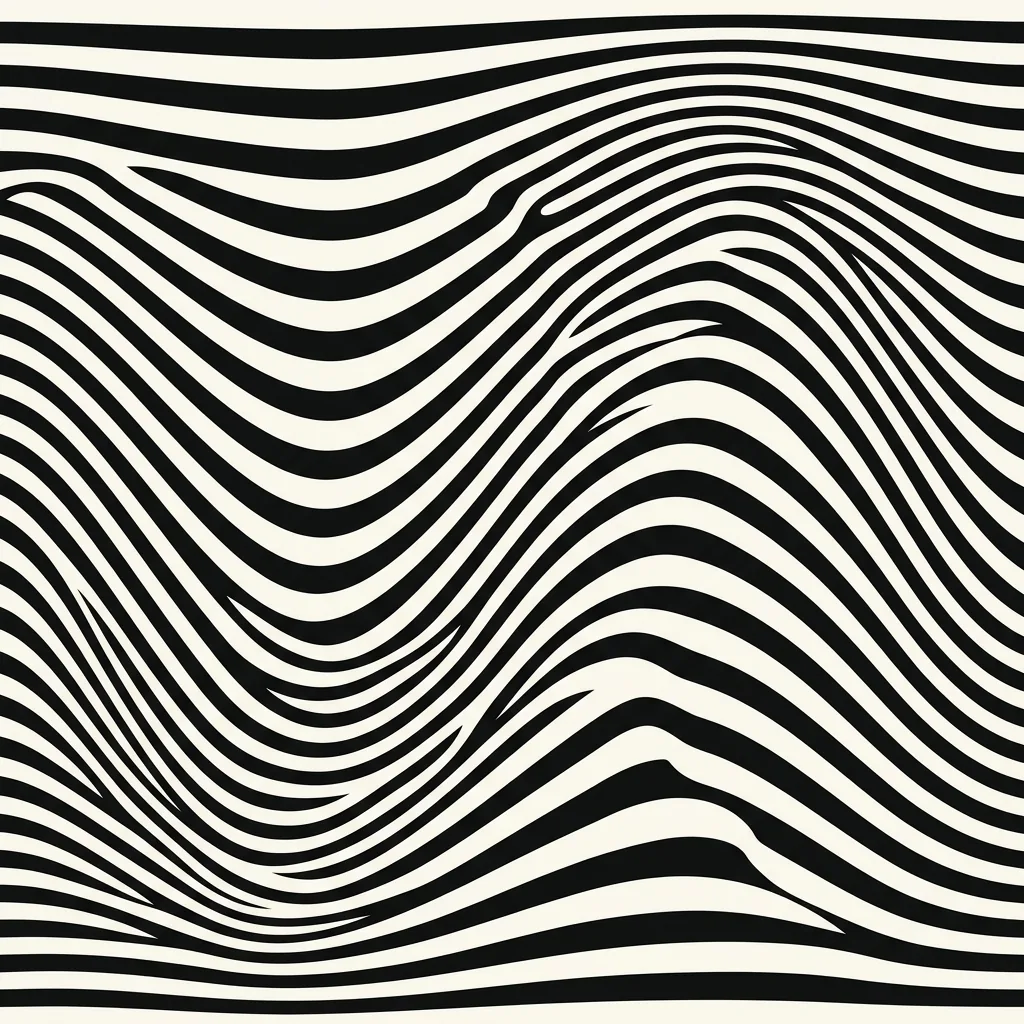 Black and white Op Art bands bending across the square in a broad wave with gradually changing spacing