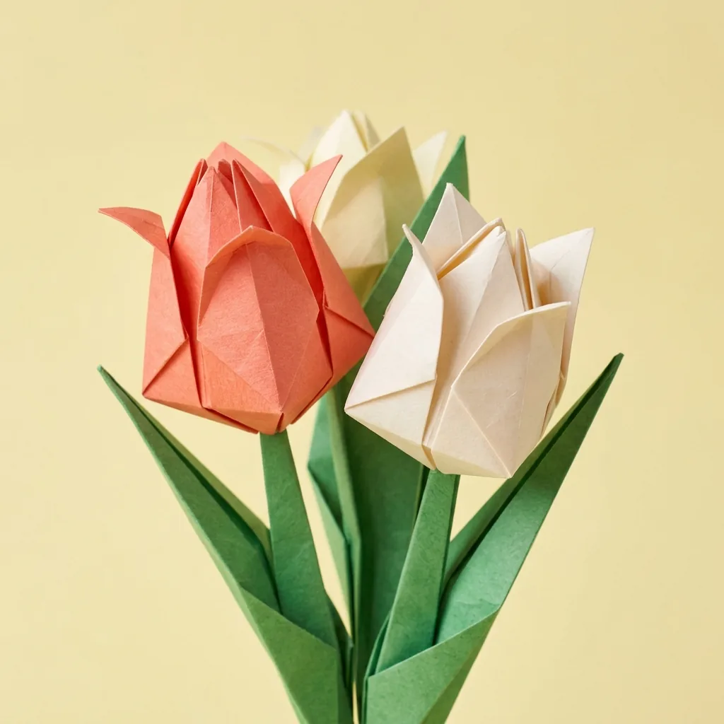 Coral and cream folded paper tulips with angular green stems against a pale yellow ground
