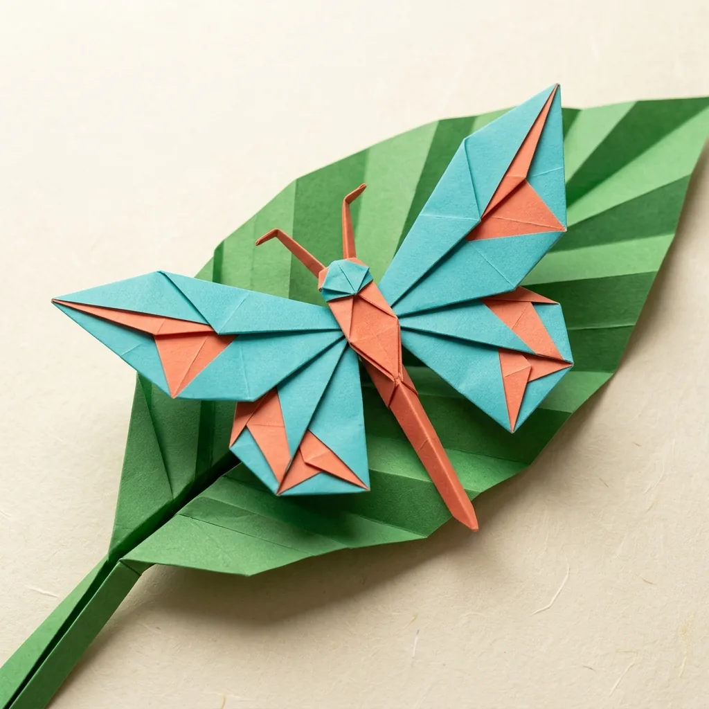 Turquoise and coral origami butterfly with open folded wings resting on a green paper leaf