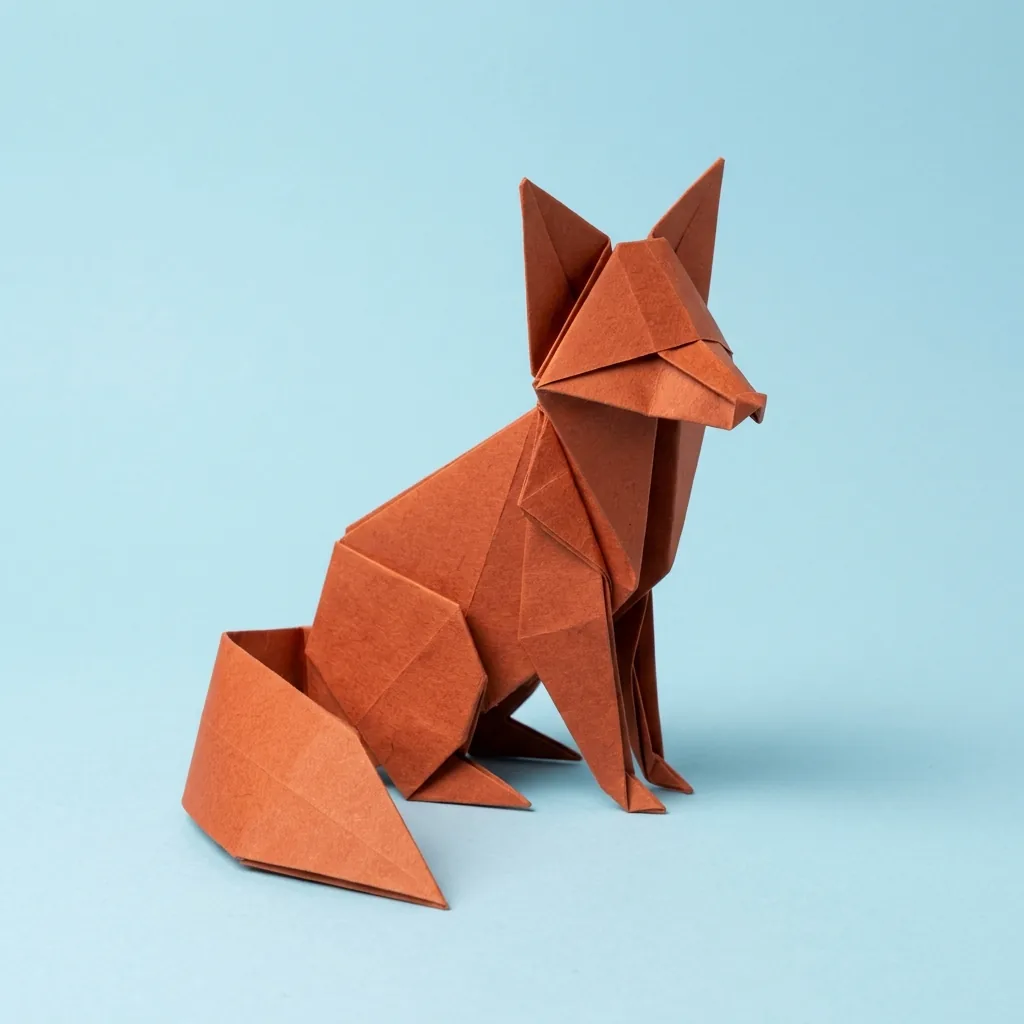 Rust-orange origami fox with pointed ears and a long folded tail against a pale blue paper ground